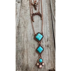 3 Layered Western Squash Blossom Necklace Copper Turquoise